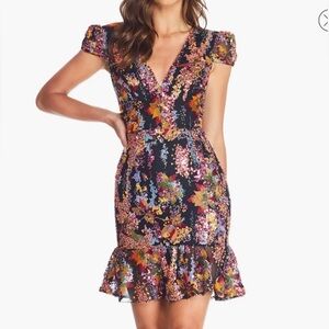 ✨ 🎉 Dress the Population Sequin Mini Dress – Papaya Multi – Size M 🎉
